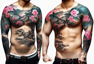 Japanese tattoo sleeve with a sakura tree tattoo idea