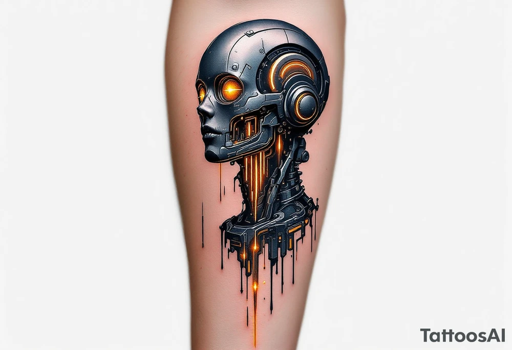 A half-human, half-android full arm design in glossy gunmetal, lit from within by soft amber light trails tattoo idea