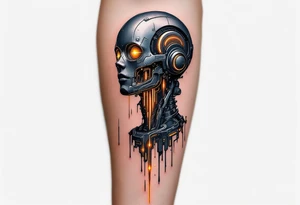 A half-human, half-android full arm design in glossy gunmetal, lit from within by soft amber light trails tattoo idea