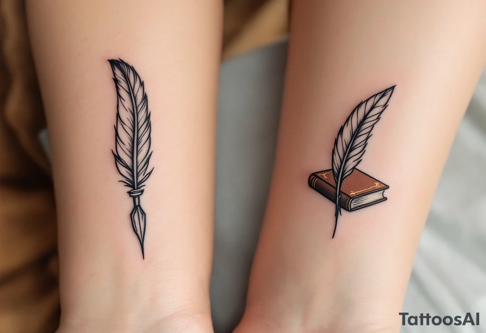 A detailed quill pen in black for him and a brown-gold book for her on the upper arm reflect writing your shared story. tattoo idea