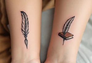 A detailed quill pen in black for him and a brown-gold book for her on the upper arm reflect writing your shared story. tattoo idea