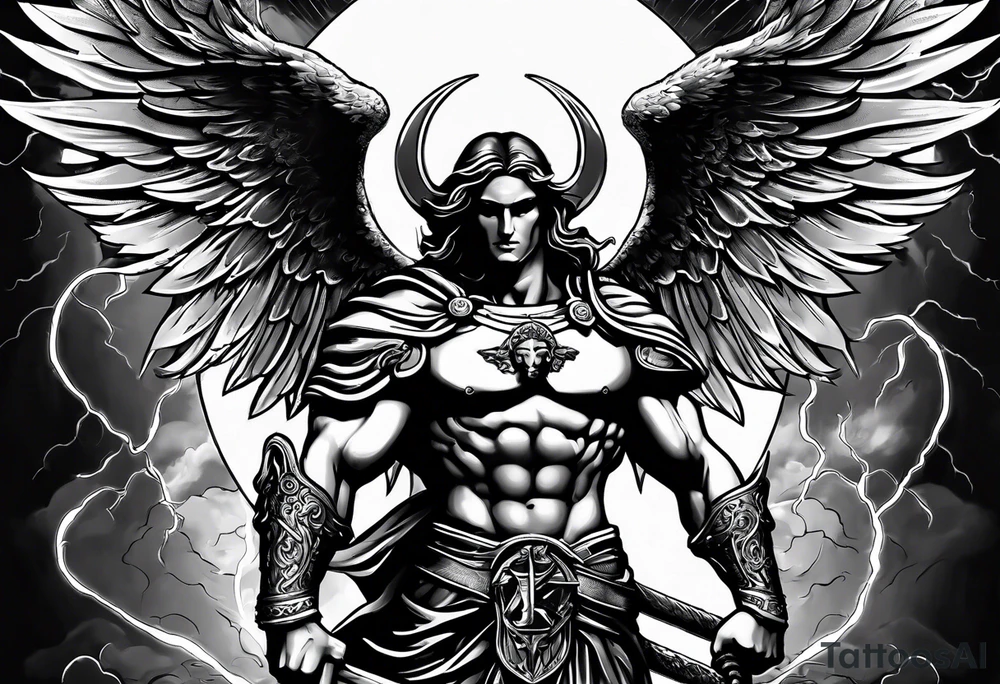 Saint Michael standing on the devil with stormy rain clouds lightning full sleeve tattoo idea
