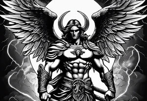 Saint Michael standing on the devil with stormy rain clouds lightning full sleeve tattoo idea