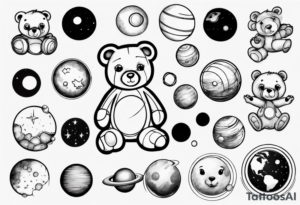 Teddy bear planets tattoo idea