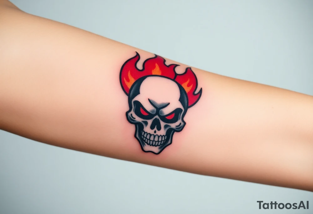 A fierce skull with flames emerging from its eyes, painted in black and red, representing aggression and power tattoo idea