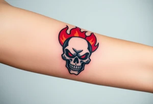 A fierce skull with flames emerging from its eyes, painted in black and red, representing aggression and power tattoo idea