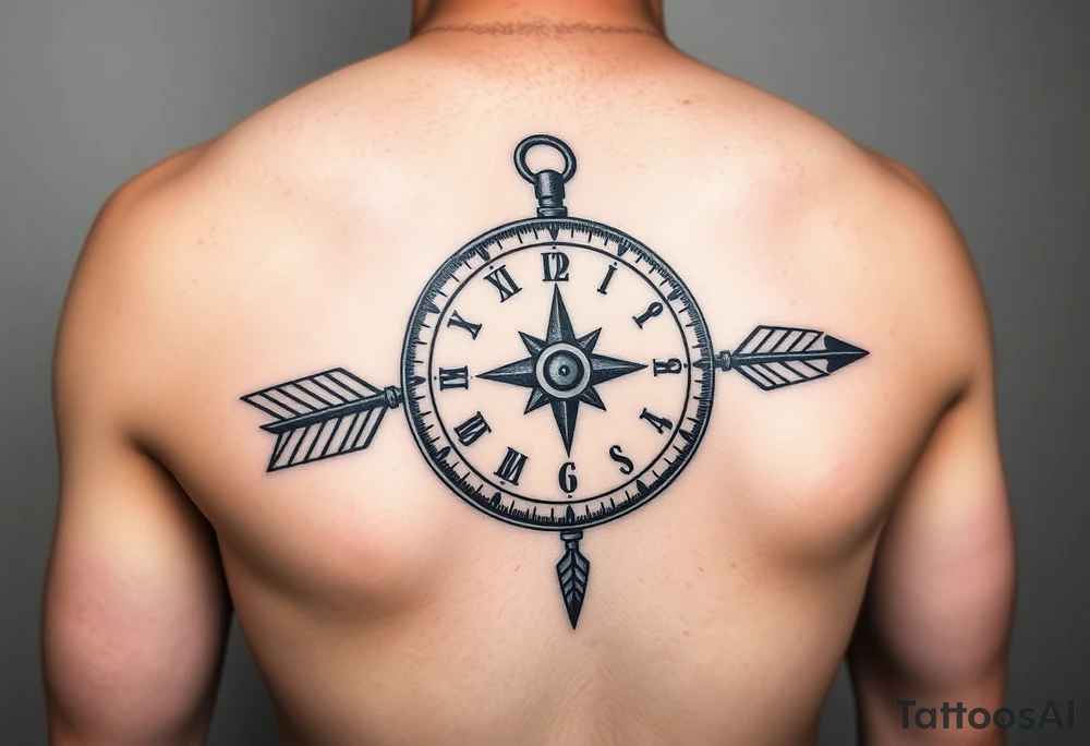 left forearm compass/clock with a native american arrow going thru it and say true north tattoo idea