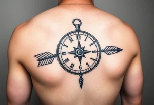 left forearm compass/clock with a native american arrow going thru it and say true north tattoo idea