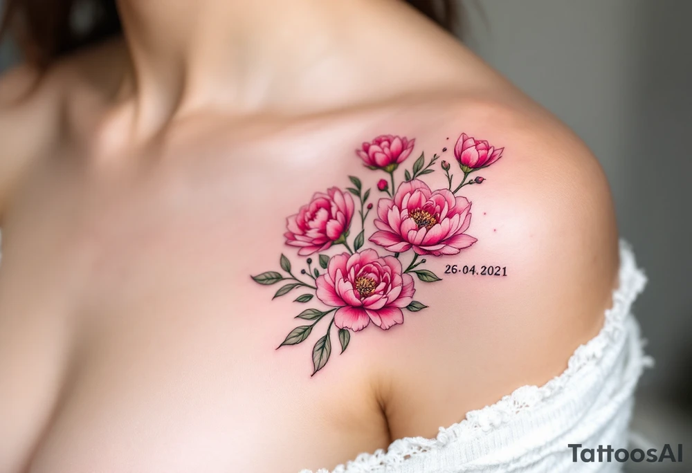 Petra 26. 04. 2021) – Bright pink peonies surrounding Petra's birthdate, with light green accents and soft, curved lines. tattoo idea