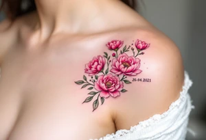 Petra 26. 04. 2021) – Bright pink peonies surrounding Petra's birthdate, with light green accents and soft, curved lines. tattoo idea