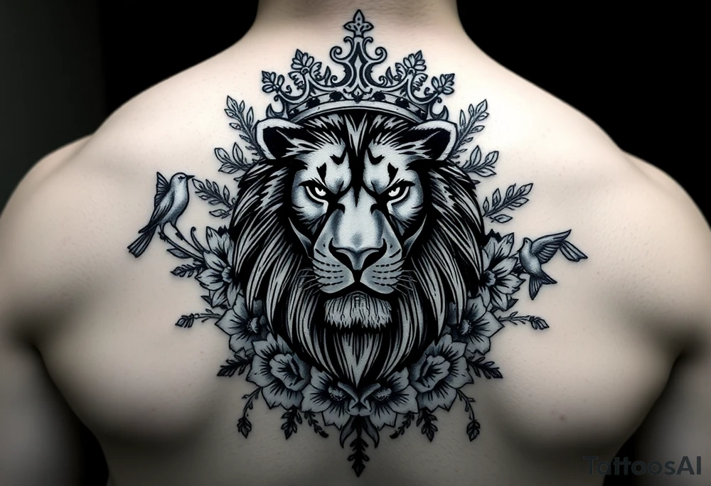 powerful majestic lion with a crown, surrounded by floral ornaments and birds tattoo idea