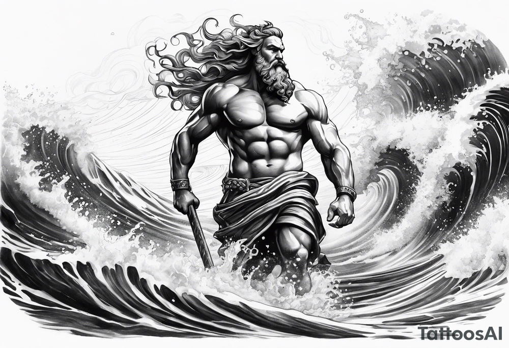 Poseidon steht in einer Welle im Meer tattoo idea