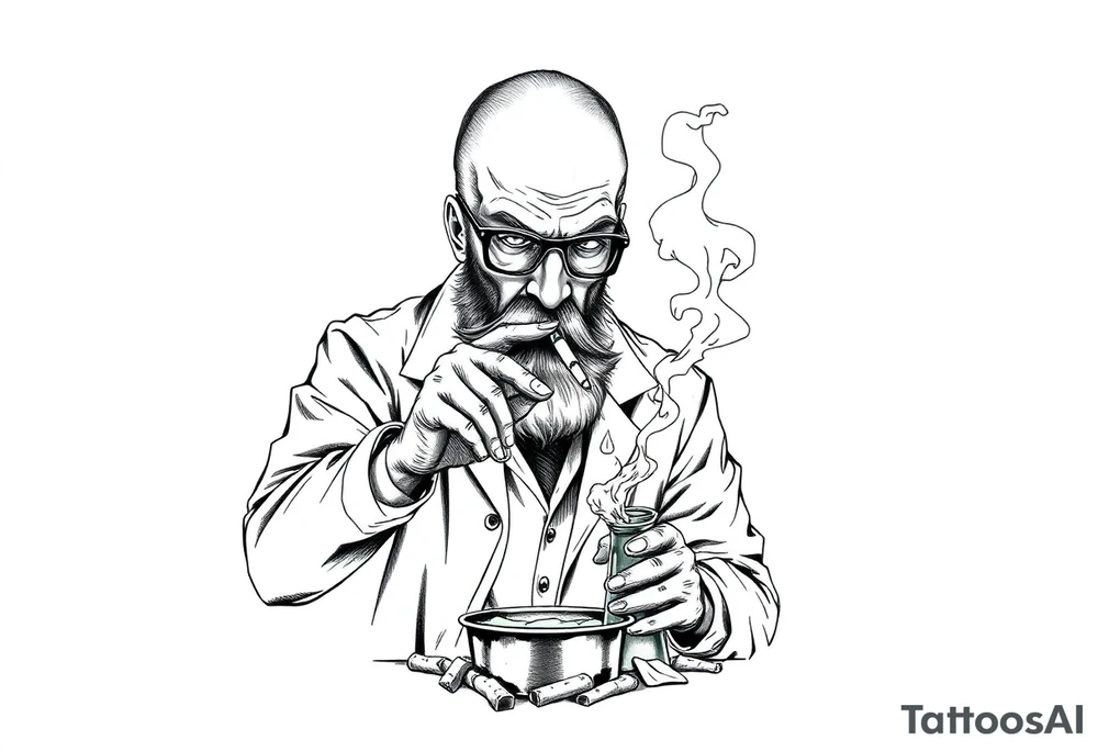 mad scientist cooking meth while smoking out of oil burner tattoo idea
