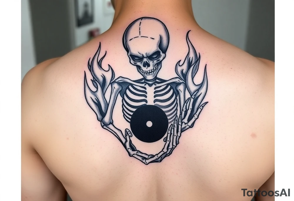 female skeleton surround by subtle flames holding the black half of the yin yang in her hand tattoo idea