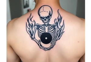 female skeleton surround by subtle flames holding the black half of the yin yang in her hand tattoo idea