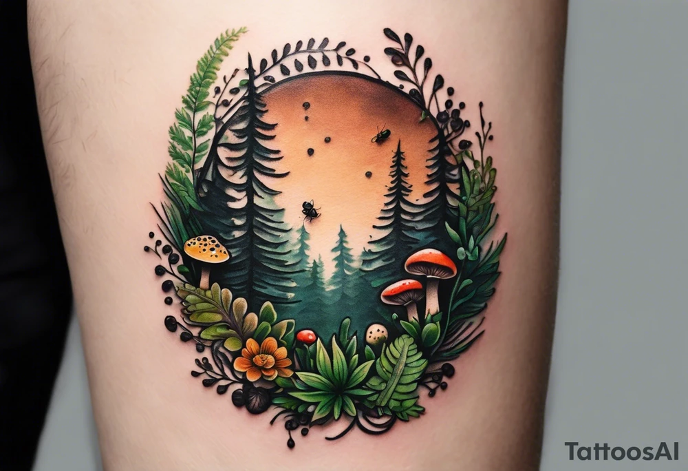 minimalistic forest floor inspired tattoo, which includes grass, moss, curly ferns and dead leaves as the bulk of the tattoo. details to include: forest berries, couple of very small brown mushrooms, a tiny bumblebee flying nearby tattoo idea