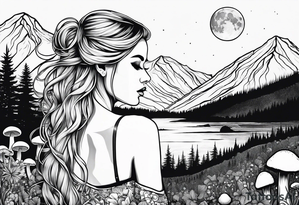 Straight blonde hair girl facing away mountains surrounded by mushrooms crescent moon tattoo idea