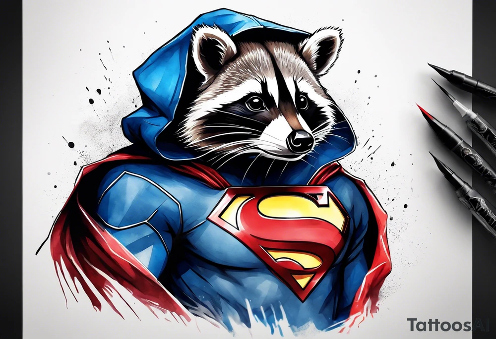 raccoon wearing a Superman hoodie tattoo idea