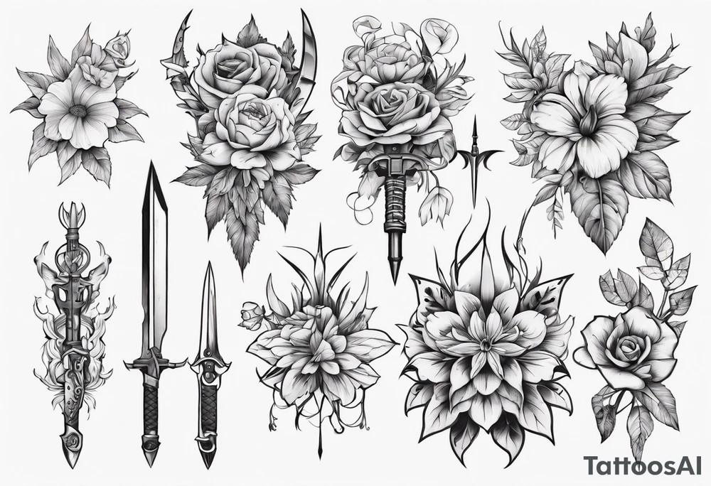flowers with weapon tattoo idea