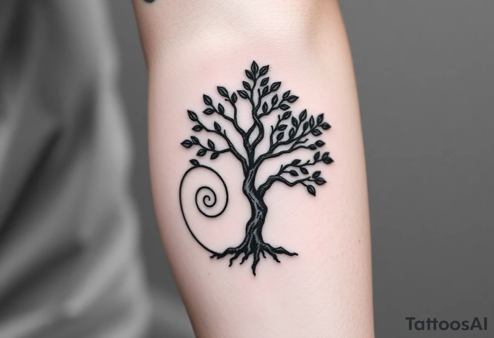 Tree with few leaves, with a SPIRAL line starting from the left side of tree and spiraling outward in a clockwise direction tattoo idea