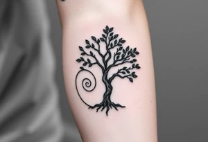 Tree with few leaves, with a SPIRAL line starting from the left side of tree and spiraling outward in a clockwise direction tattoo idea