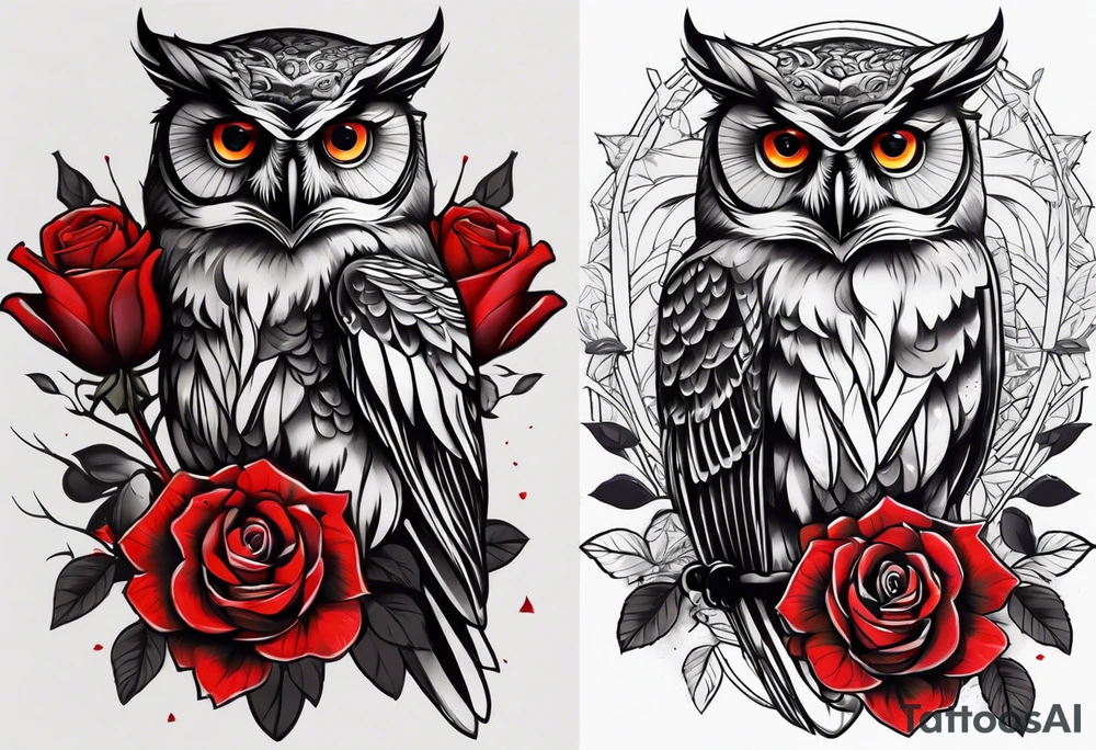 Forearm tattoo Color one Owl with red roses tattoo idea
