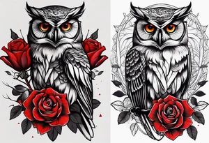 Forearm tattoo Color one Owl with red roses tattoo idea