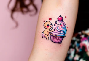 A pink cupcake holding hands with a baby muffin, with heart eyes and big smiles, outlined in black with pastel colors. tattoo idea