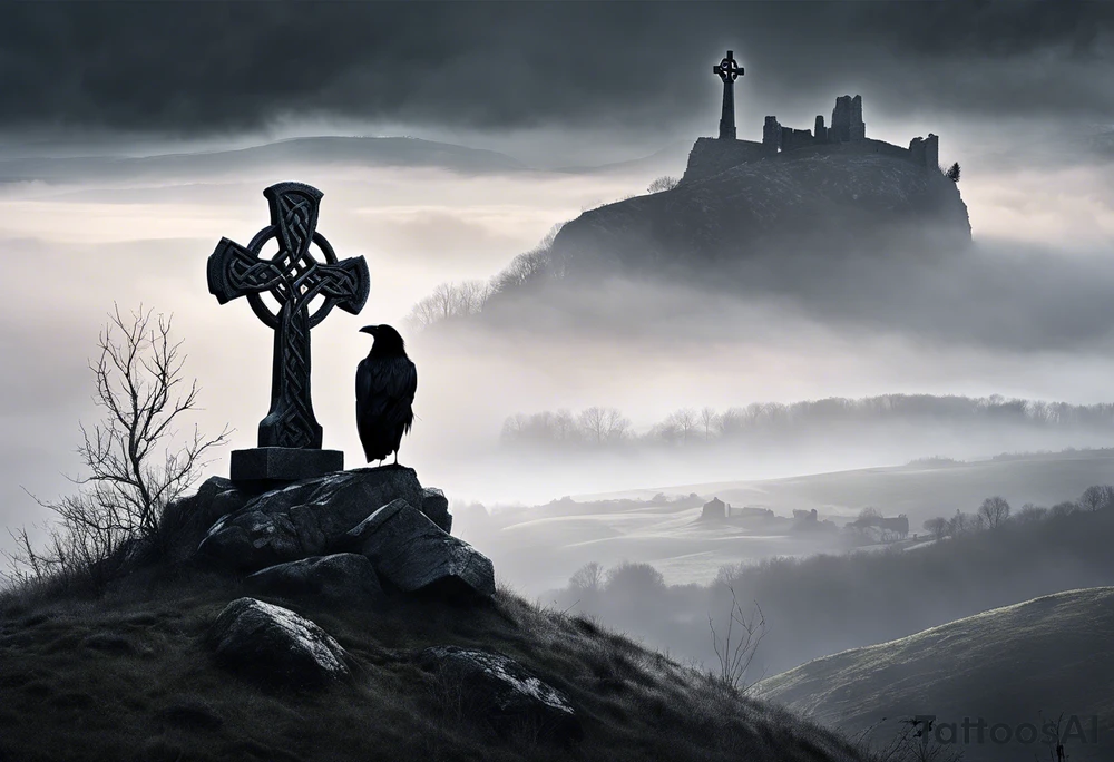 A stone Celtic cross solemnly standing atop a hill, a raven perches atop the cross staring out over the desolation. A ruined stone wall lies crumbling near the cross. Mist rolls along the hilltops adding to the melancholic nature of the scene tattoo idea