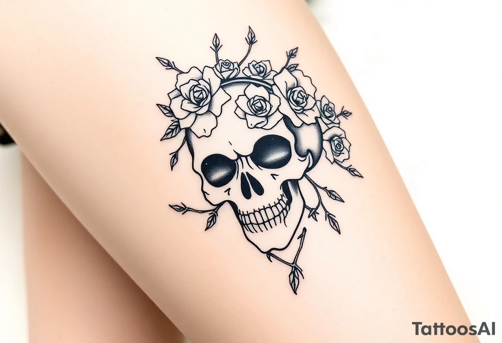 ornate skull adorned with crown of wild roses and thorns tattoo idea