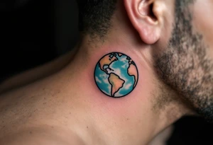 A small, minimalist Earth outlined in black with a hint of aqua and lime shading sits behind the ear. tattoo idea