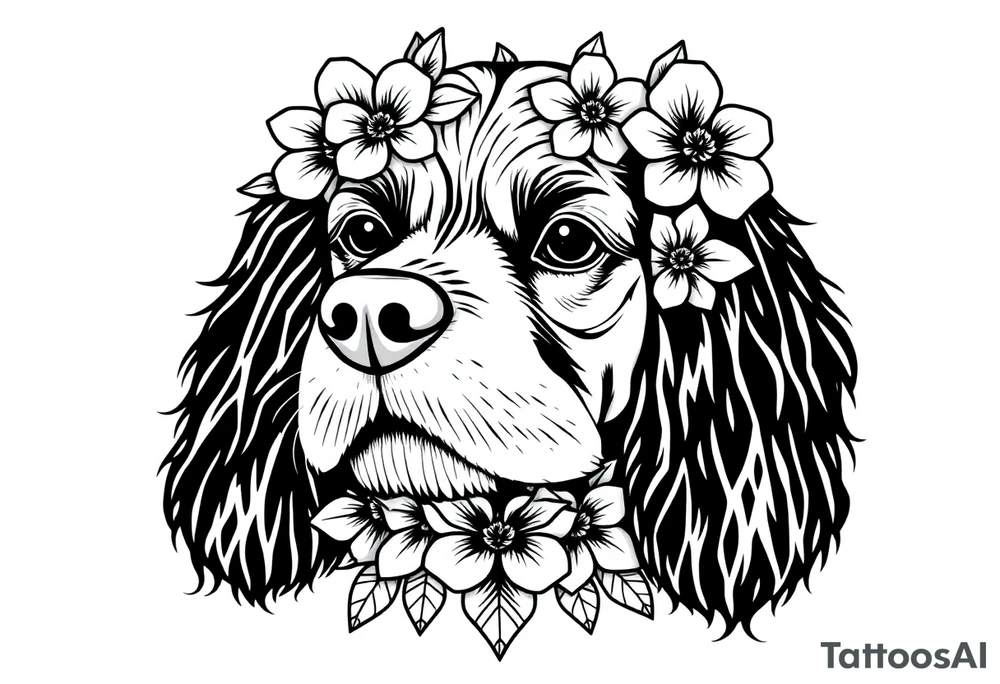 Female Cocker spaniel head with flowers and geometric boarder tattoo idea