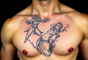 jester hovering over woman in smoke tattoo idea