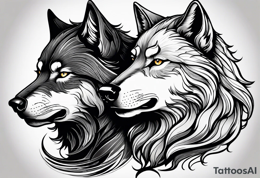 Two wolves. One bad wolf and one Good wolf. Make bad wolf very mean. Make good wolf very serene and happy. tattoo idea