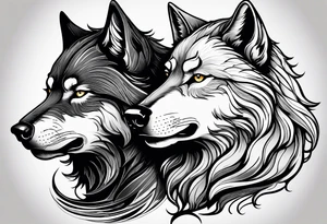 Two wolves. One bad wolf and one Good wolf. Make bad wolf very mean. Make good wolf very serene and happy. tattoo idea