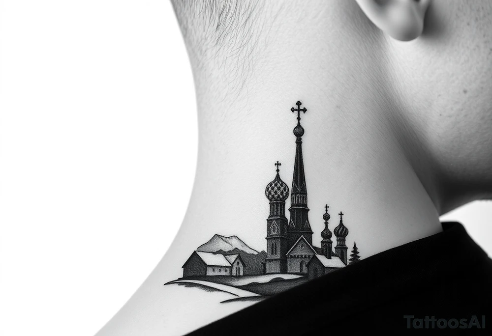 Traditional authentic Russian coat of arms with a Christian orthodox virgin marry in the middle and silhouette in a Russian wilderness Christian orthodoxy dome church village setting on the side of my neck tattoo idea