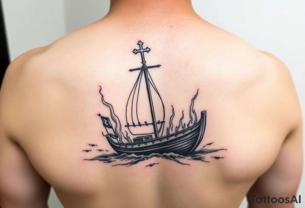 Boat on fire with cross as mast. Water colour tattoo idea