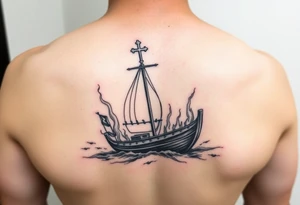 Boat on fire with cross as mast. Water colour tattoo idea