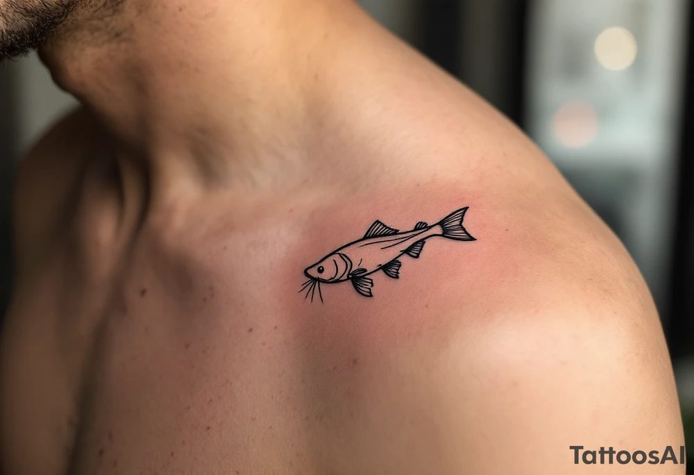 Minimalist Catfish Outline – A clean, single-line tattoo in black ink, with a subtly stylized head and whiskers, emphasizing flow and motion. tattoo idea