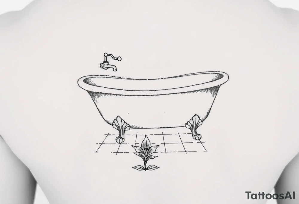 clawfoot bathtub with simple faucet and lily coming up out of the tile floor tattoo idea