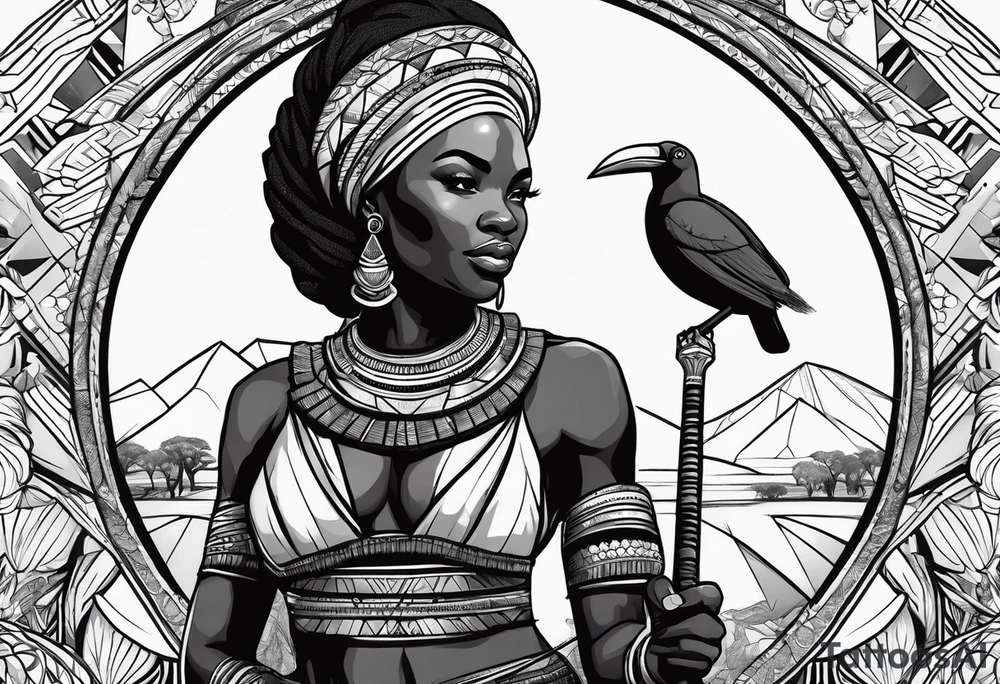 African woman warrior holding a spear with birds and elephants in the background tattoo idea