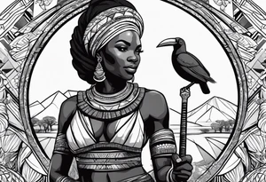African woman warrior holding a spear with birds and elephants in the background tattoo idea