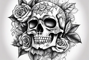 Front knee tattoo with fall colors, small flowers, rose, satanic skull, leaves, blue water flows with washes and background Powell Peralta tattoo idea