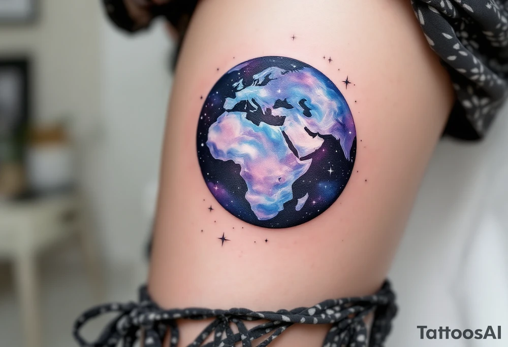 A galaxy-inspired planet Earth with continents in swirling blues and violets floats in space with tiny white starbursts. tattoo idea