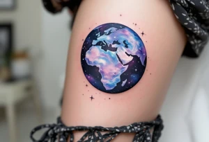 A galaxy-inspired planet Earth with continents in swirling blues and violets floats in space with tiny white starbursts. tattoo idea