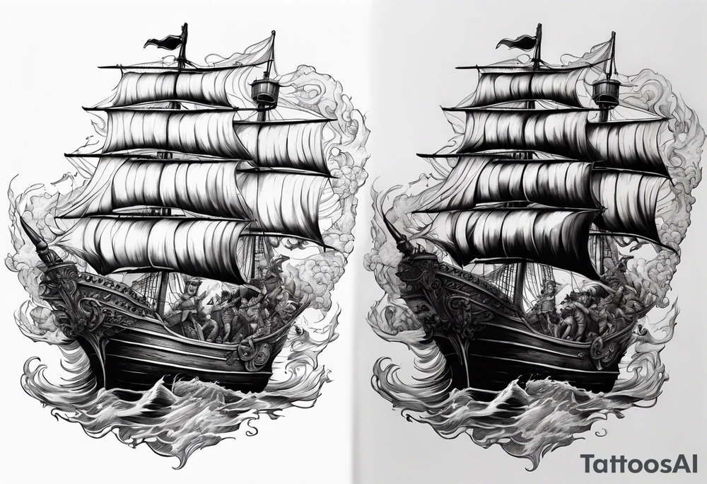Satan on a pirate ship sailing a sea of souls tattoo idea