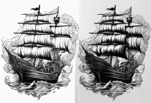 Satan on a pirate ship sailing a sea of souls tattoo idea