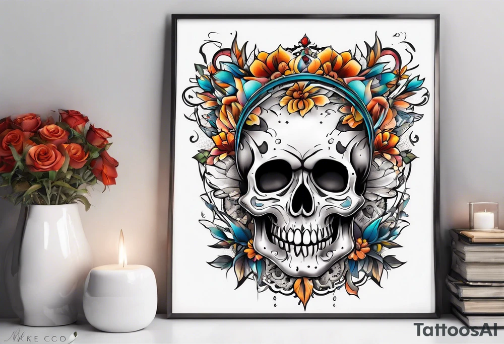 Old school center Knee tattoo with skulls, flowers, water shapes and fall colors tattoo idea