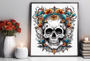 Old school center Knee tattoo with skulls, flowers, water shapes and fall colors tattoo idea