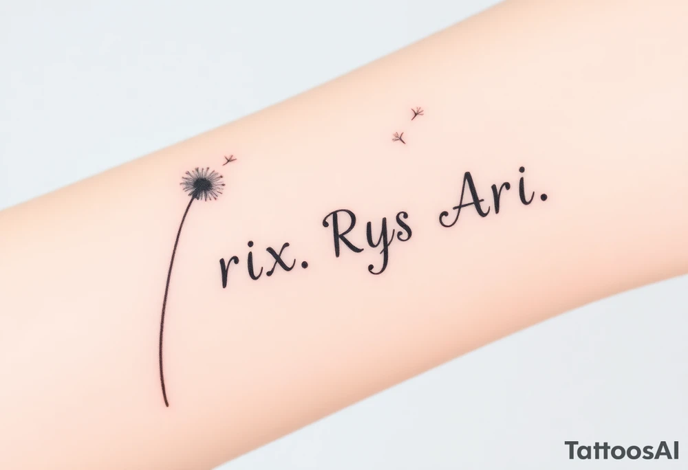 Rix Rys Ari realistic watercolor This image features a delicate dandelion tattoo on a person’s skin, with fine lines and soft shading. The dandelion’s stem extends from the bottom left corner, leading to the detailed flower head, which appears to be dispersing its seeds. The seeds are shown floating away in a natural, wind-swept motion, symbolizing freedom, change, and new beginnings.

The tattoo has a subtle watercolor effect with a gentle pinkish hue around the base of the dandelion, adding depth and softness to the design. The fine-line work gives it a refined and elegant look. The placement on the body makes it a visually appealing and meaningful piece. tattoo idea